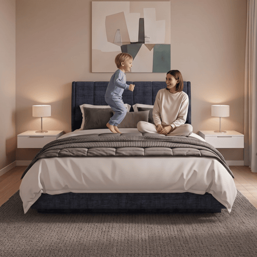 Cama estofada Tröstiar LED com base de ripas dobrável linho + colchão 160x200cm - Azul en.casa Cama estofada Tröstiar LED com base de ripas dobrável linho + colchão 160x200cm - Azul en.casa