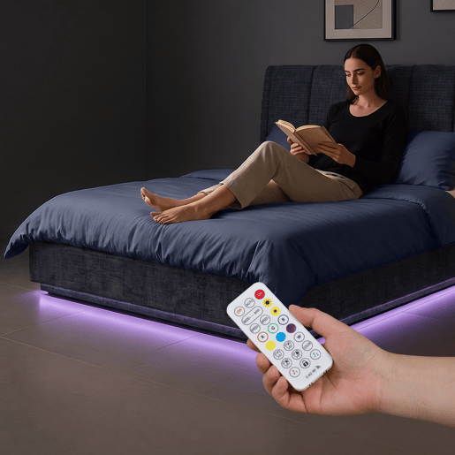 Cama estofada Tröstiar LED com base de ripas dobrável linho + colchão 160x200cm - Azul en.casa Cama estofada Tröstiar LED com base de ripas dobrável linho + colchão 160x200cm - Azul en.casa