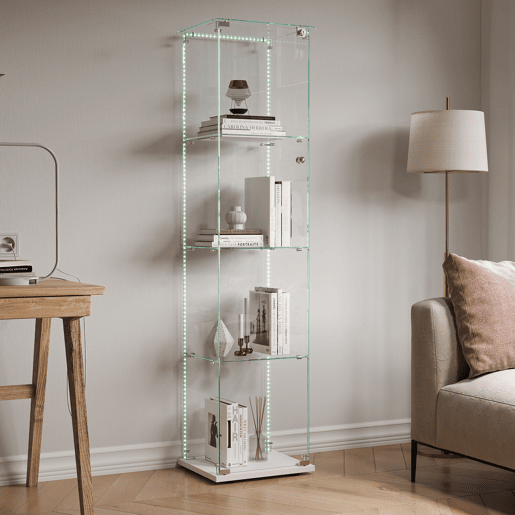 Vitrine de quatro níveis com LEDs, ideal para arrumação e exposição em salas de estar e de jantar. Cor branca. Vitrine de quatro níveis com LEDs, ideal para arrumação e exposição em salas de estar e de jantar. Cor branca.