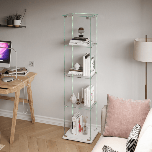 Vitrine de quatro níveis com LEDs, ideal para arrumação e exposição em salas de estar e de jantar. Cor branca. Vitrine de quatro níveis com LEDs, ideal para arrumação e exposição em salas de estar e de jantar. Cor branca.