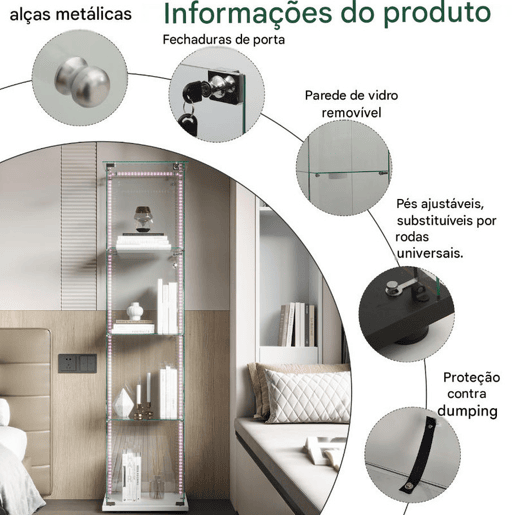 Vitrine de quatro níveis com LEDs, ideal para arrumação e exposição em salas de estar e de jantar. Cor branca. Vitrine de quatro níveis com LEDs, ideal para arrumação e exposição em salas de estar e de jantar. Cor branca.