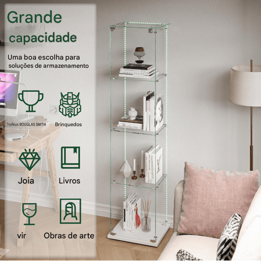 Vitrine de quatro níveis com LEDs, ideal para arrumação e exposição em salas de estar e de jantar. Cor branca. Vitrine de quatro níveis com LEDs, ideal para arrumação e exposição em salas de estar e de jantar. Cor branca.