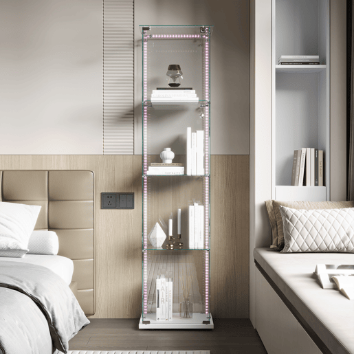 Vitrine de quatro níveis com LEDs, ideal para arrumação e exposição em salas de estar e de jantar. Cor branca. Vitrine de quatro níveis com LEDs, ideal para arrumação e exposição em salas de estar e de jantar. Cor branca.