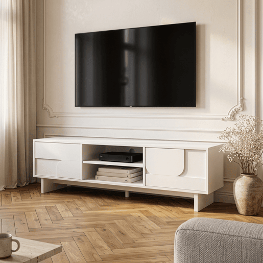 Móvel de televisão Katanshumn 2 portas 2 compartimentos abertos 150x39x45 cm Branco en.casa Móvel de televisão Katanshumn 2 portas 2 compartimentos abertos 150x39x45 cm Branco en.casa