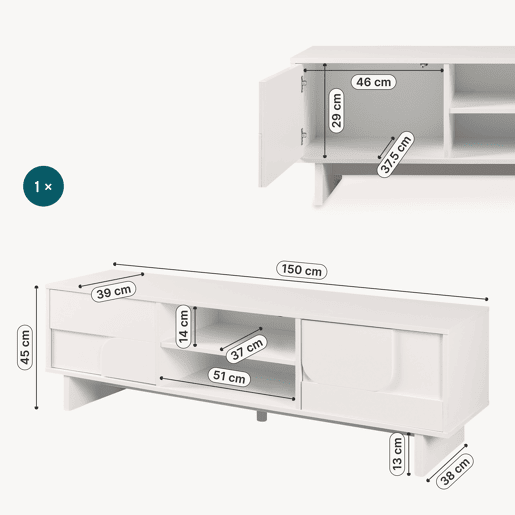 Móvel de televisão Katanshumn 2 portas 2 compartimentos abertos 150x39x45 cm Branco en.casa Móvel de televisão Katanshumn 2 portas 2 compartimentos abertos 150x39x45 cm Branco en.casa