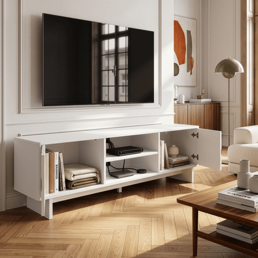 Móvel de televisão Katanshumn 2 portas 2 compartimentos abertos 150x39x45 cm Branco en.casa Móvel de televisão Katanshumn 2 portas 2 compartimentos abertos 150x39x45 cm Branco en.casa