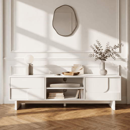 Móvel de televisão Katanshumn 2 portas 2 compartimentos abertos 150x39x45 cm Branco en.casa Móvel de televisão Katanshumn 2 portas 2 compartimentos abertos 150x39x45 cm Branco en.casa