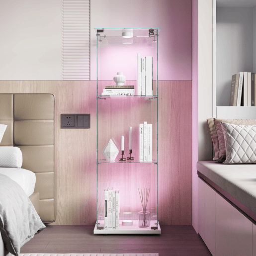 Vitrine branca com iluminação LED, 123,3 x 35 x 39,8 cm, com prateleiras de altura ajustável, adequada para uso em salas de estar e escritórios Vitrine branca com iluminação LED, 123,3 x 35 x 39,8 cm, com prateleiras de altura ajustável, adequada para uso em salas de estar e escritórios