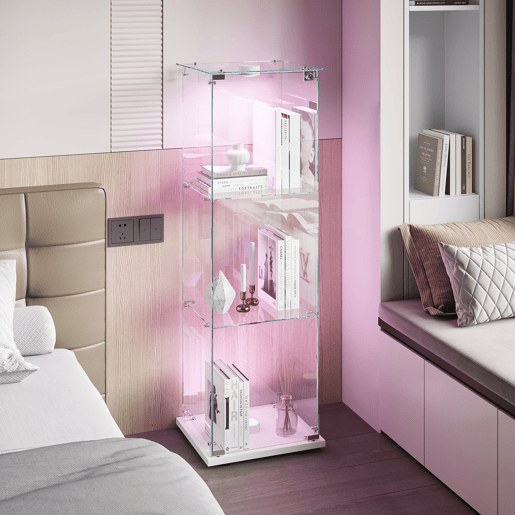 Vitrine branca com iluminação LED, 123,3 x 35 x 39,8 cm, com prateleiras de altura ajustável, adequada para uso em salas de estar e escritórios Vitrine branca com iluminação LED, 123,3 x 35 x 39,8 cm, com prateleiras de altura ajustável, adequada para uso em salas de estar e escritórios