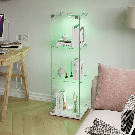 Vitrine branca com iluminação LED, 123,3 x 35 x 39,8 cm, com prateleiras de altura ajustável, adequada para uso em salas de estar e escritórios Vitrine branca com iluminação LED, 123,3 x 35 x 39,8 cm, com prateleiras de altura ajustável, adequada para uso em salas de estar e escritórios