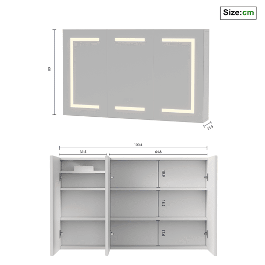Espelho de banheiro com LED, 100,4 × 60 × 13,5 cm, 2 portas