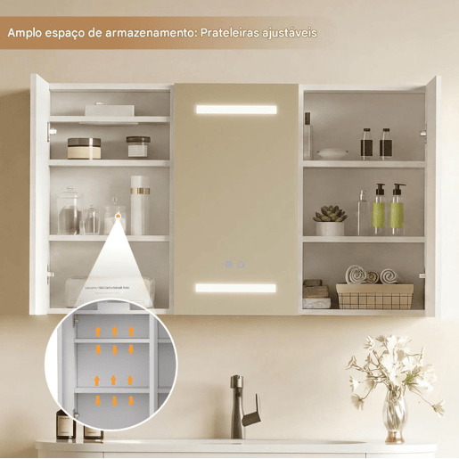 Espelho de banheiro com LED, 100,4 × 60 × 13,5 cm, 2 portas