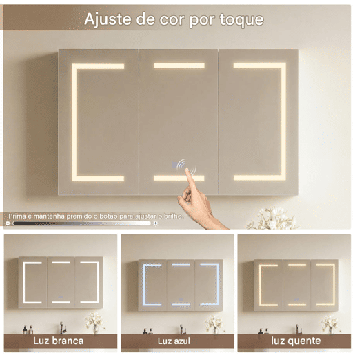 Espelho de banheiro com LED, 100,4 × 60 × 13,5 cm, 2 portas