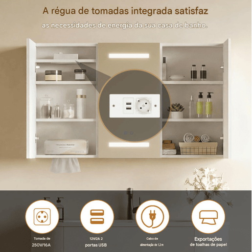 Espelho de banheiro com LED, 100,4 × 60 × 13,5 cm, 2 portas