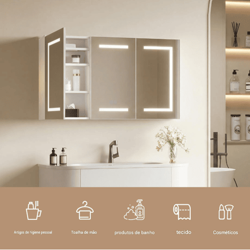 Espelho de banheiro com LED, 100,4 × 60 × 13,5 cm, 2 portas