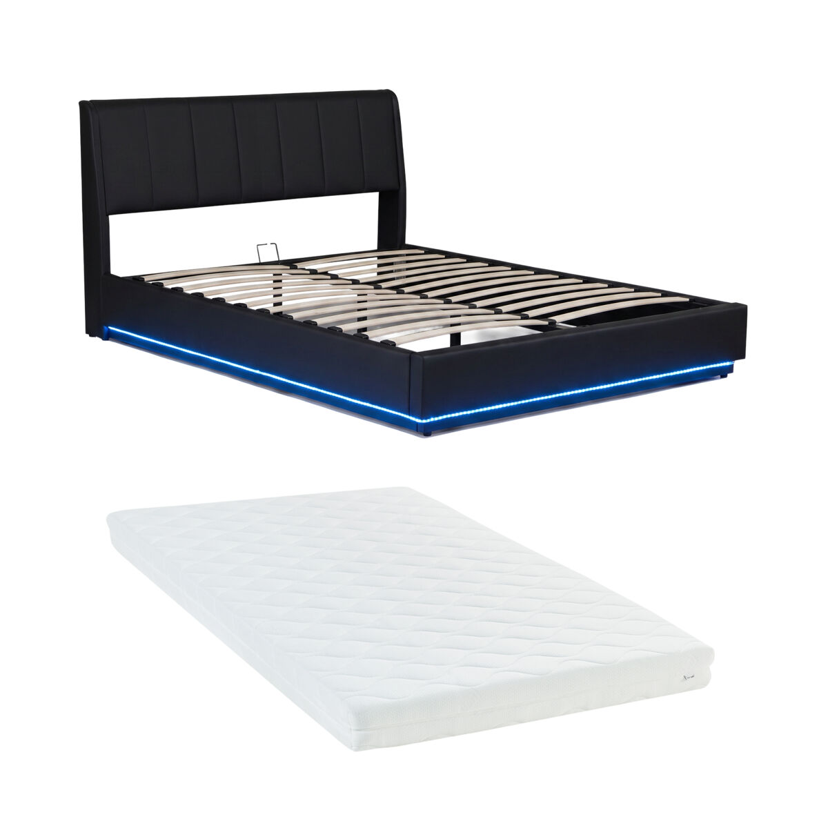 Cama tapizado led tröstiar con somier abatible + colchón polipiel 180x200cm negro [en.casa]