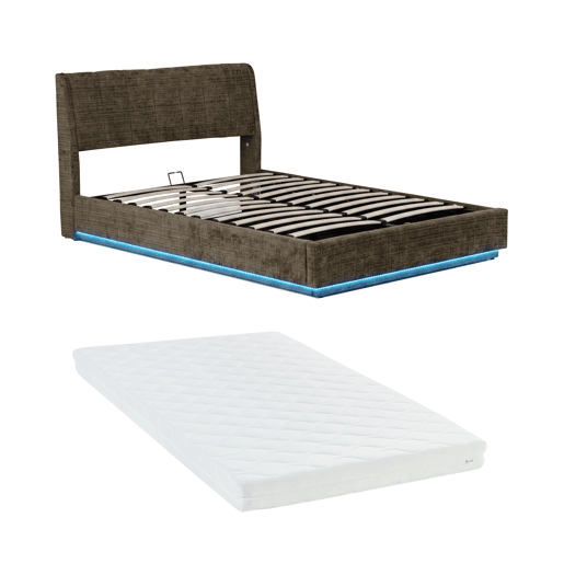 Cama estofada Tröstiar LED com base de ripas dobrável linho + colchão 180x200cm - Verde en.casa Cama estofada Tröstiar LED com base de ripas dobrável linho + colchão 180x200cm - Verde en.casa