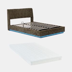 Cama estofada Tröstiar LED com base de ripas dobrável linho + colchão 180x200cm - Verde en.casa