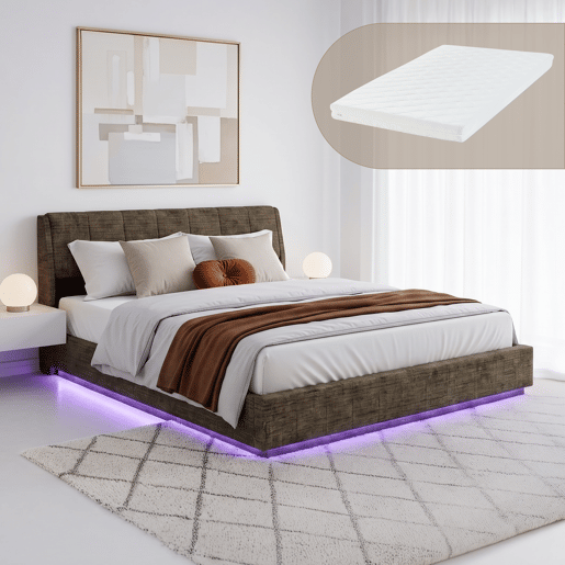 Cama estofada Tröstiar LED com base de ripas dobrável linho + colchão 180x200cm - Verde en.casa Cama estofada Tröstiar LED com base de ripas dobrável linho + colchão 180x200cm - Verde en.casa