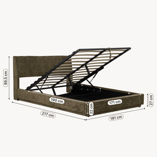 Cama estofada Tröstiar LED com base de ripas dobrável linho + colchão 180x200cm - Verde en.casa Cama estofada Tröstiar LED com base de ripas dobrável linho + colchão 180x200cm - Verde en.casa