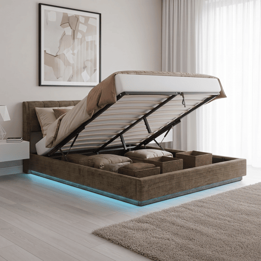 Cama estofada Tröstiar LED com base de ripas dobrável linho + colchão 180x200cm - Verde en.casa Cama estofada Tröstiar LED com base de ripas dobrável linho + colchão 180x200cm - Verde en.casa