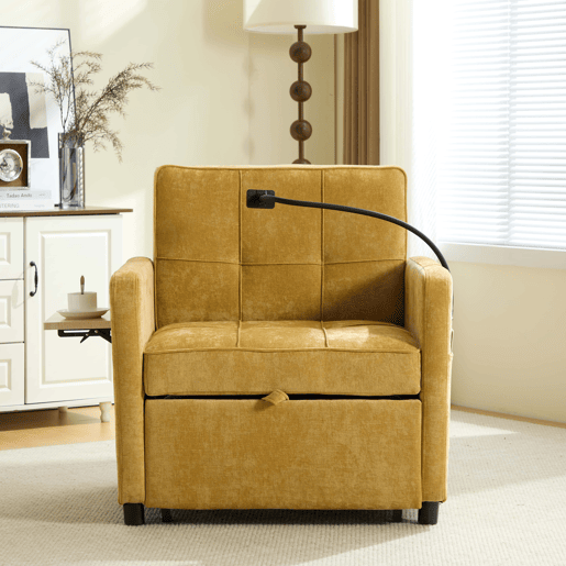 Poltrona-cama 2 em 1 individual - poltrona-cama convertível com almofada, bolsos laterais, mesinha auxiliar e saco de arrumação, estofada em chenille - amarelo mostarda