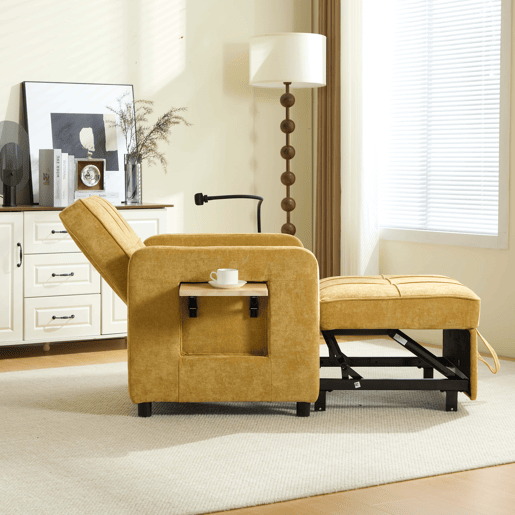 Poltrona-cama 2 em 1 individual - poltrona-cama convertível com almofada, bolsos laterais, mesinha auxiliar e saco de arrumação, estofada em chenille - amarelo mostarda