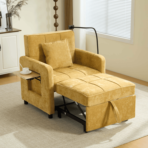 Poltrona-cama 2 em 1 individual - poltrona-cama convertível com almofada, bolsos laterais, mesinha auxiliar e saco de arrumação, estofada em chenille - amarelo mostarda
