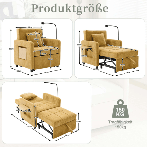 Poltrona-cama 2 em 1 individual - poltrona-cama convertível com almofada, bolsos laterais, mesinha auxiliar e saco de arrumação, estofada em chenille - amarelo mostarda