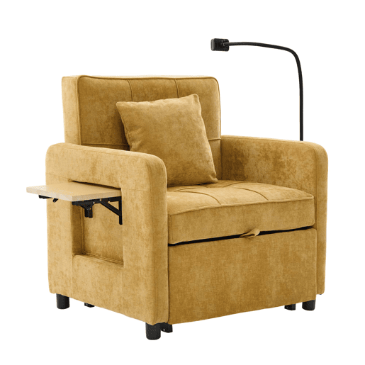 Poltrona-cama 2 em 1 individual - poltrona-cama convertível com almofada, bolsos laterais, mesinha auxiliar e saco de arrumação, estofada em chenille - amarelo mostarda