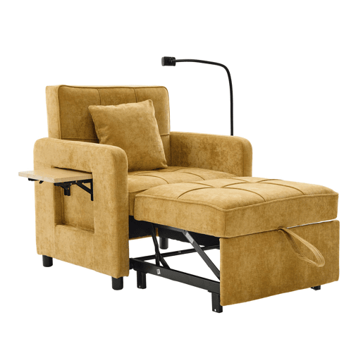 Poltrona-cama 2 em 1 individual - poltrona-cama convertível com almofada, bolsos laterais, mesinha auxiliar e saco de arrumação, estofada em chenille - amarelo mostarda