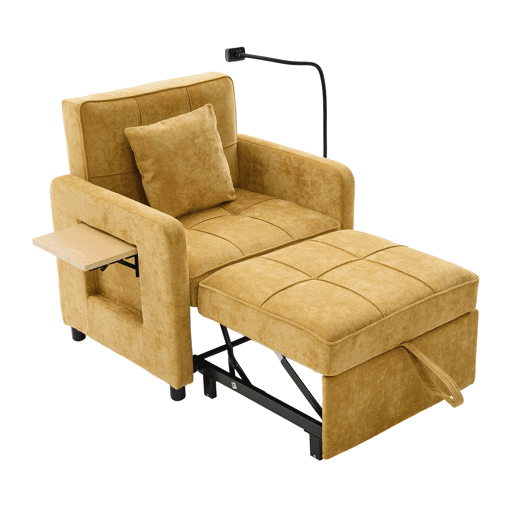 Poltrona-cama 2 em 1 individual - poltrona-cama convertível com almofada, bolsos laterais, mesinha auxiliar e saco de arrumação, estofada em chenille - amarelo mostarda