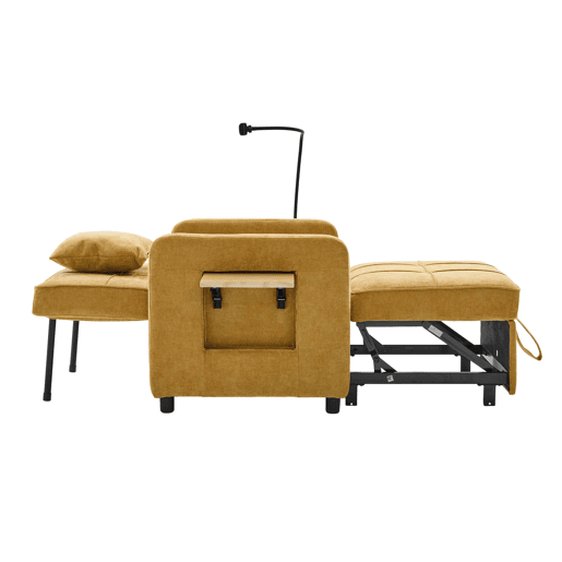Poltrona-cama 2 em 1 individual - poltrona-cama convertível com almofada, bolsos laterais, mesinha auxiliar e saco de arrumação, estofada em chenille - amarelo mostarda