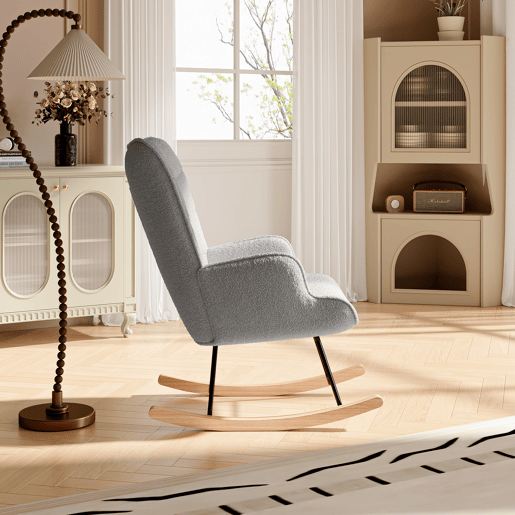 Cadeira de baloiço para quarto de criança, cadeira de baloiço estofada com encosto alto para sala de estar, quarto ou escritório, Cinza Claro