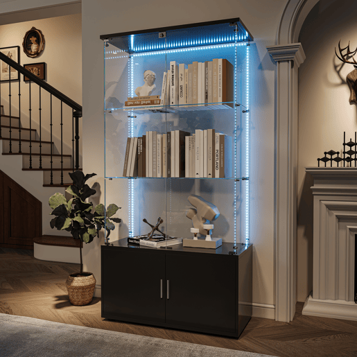Vitrine em vidro preto com 3 níveis e faixa de luz LED, 78,51 x 35 x 164 cm u2013 Estante moderna para decoração e exposições. Vitrine em vidro preto com 3 níveis e faixa de luz LED, 78,51 x 35 x 164 cm u2013 Estante moderna para decoração e exposições.