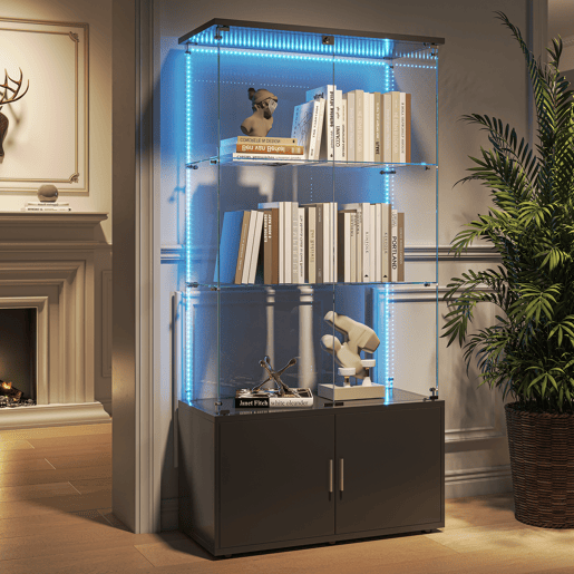 Vitrine em vidro preto com 3 níveis e faixa de luz LED, 78,51 x 35 x 164 cm u2013 Estante moderna para decoração e exposições. Vitrine em vidro preto com 3 níveis e faixa de luz LED, 78,51 x 35 x 164 cm u2013 Estante moderna para decoração e exposições.