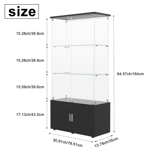 Vitrine em vidro preto com 3 níveis e faixa de luz LED, 78,51 x 35 x 164 cm u2013 Estante moderna para decoração e exposições. Vitrine em vidro preto com 3 níveis e faixa de luz LED, 78,51 x 35 x 164 cm u2013 Estante moderna para decoração e exposições.
