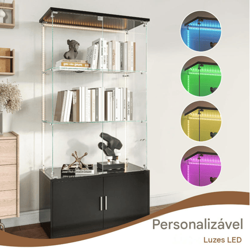 Vitrine em vidro preto com 3 níveis e faixa de luz LED, 78,51 x 35 x 164 cm u2013 Estante moderna para decoração e exposições. Vitrine em vidro preto com 3 níveis e faixa de luz LED, 78,51 x 35 x 164 cm u2013 Estante moderna para decoração e exposições.