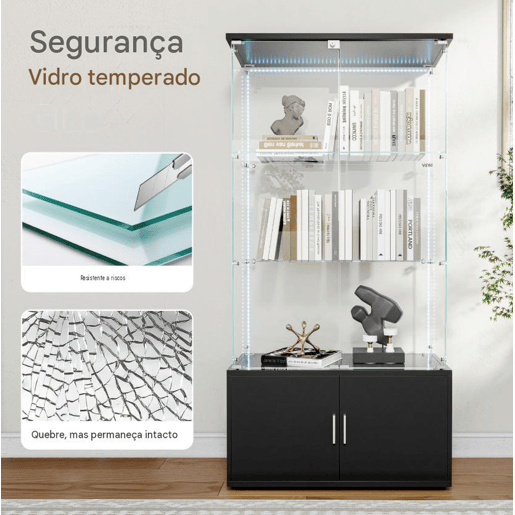 Vitrine em vidro preto com 3 níveis e faixa de luz LED, 78,51 x 35 x 164 cm u2013 Estante moderna para decoração e exposições. Vitrine em vidro preto com 3 níveis e faixa de luz LED, 78,51 x 35 x 164 cm u2013 Estante moderna para decoração e exposições.