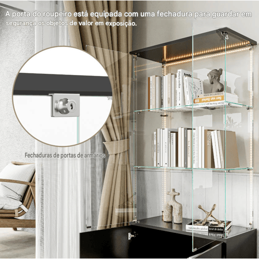 Vitrine em vidro preto com 3 níveis e faixa de luz LED, 78,51 x 35 x 164 cm u2013 Estante moderna para decoração e exposições. Vitrine em vidro preto com 3 níveis e faixa de luz LED, 78,51 x 35 x 164 cm u2013 Estante moderna para decoração e exposições.