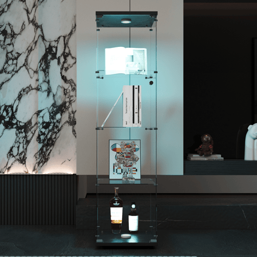 Vitrina de cristal con iluminación LED, 4 estantes y puerta, vitrinalibrería de pie para salón, dormitorio y oficina, 164 x 42,5 x 36,3 cm, color negro. Vitrina de cristal con iluminación LED, 4 estantes y puerta, vitrinalibrería de pie para salón, dormitorio y oficina, 164 x 42,5 x 36,3 cm, color negro.