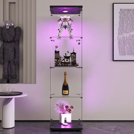 Vitrina de cristal con iluminación LED, 4 estantes y puerta, vitrinalibrería de pie para salón, dormitorio y oficina, 164 x 42,5 x 36,3 cm, color negro. Vitrina de cristal con iluminación LED, 4 estantes y puerta, vitrinalibrería de pie para salón, dormitorio y oficina, 164 x 42,5 x 36,3 cm, color negro.