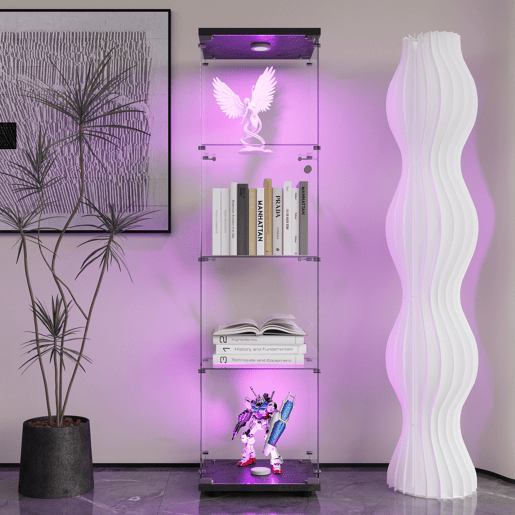 Vitrina de cristal con iluminación LED, 4 estantes y puerta, vitrinalibrería de pie para salón, dormitorio y oficina, 164 x 42,5 x 36,3 cm, color negro. Vitrina de cristal con iluminación LED, 4 estantes y puerta, vitrinalibrería de pie para salón, dormitorio y oficina, 164 x 42,5 x 36,3 cm, color negro.