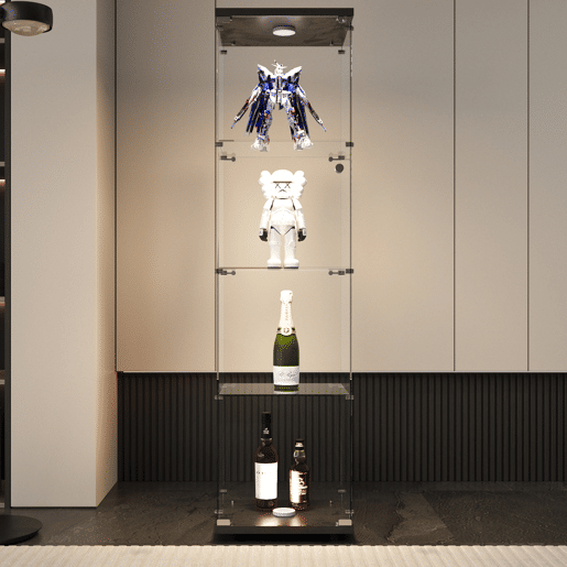 Vitrina de cristal con iluminación LED, 4 estantes y puerta, vitrinalibrería de pie para salón, dormitorio y oficina, 164 x 42,5 x 36,3 cm, color negro. Vitrina de cristal con iluminación LED, 4 estantes y puerta, vitrinalibrería de pie para salón, dormitorio y oficina, 164 x 42,5 x 36,3 cm, color negro.