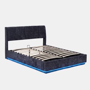 Cama estofada Tröstiar LED com base de ripas dobrável linho 140x200cm - Azul en.casa