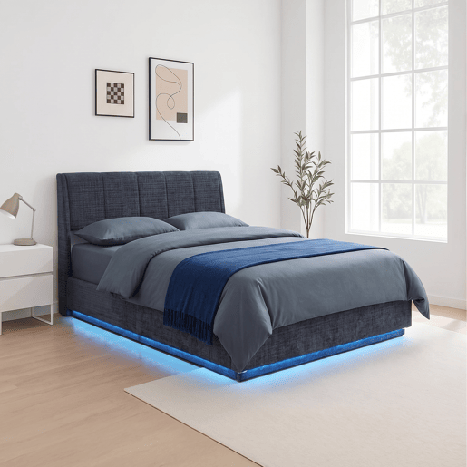 Cama estofada Tröstiar LED com base de ripas dobrável linho 140x200cm - Azul en.casa Cama estofada Tröstiar LED com base de ripas dobrável linho 140x200cm - Azul en.casa
