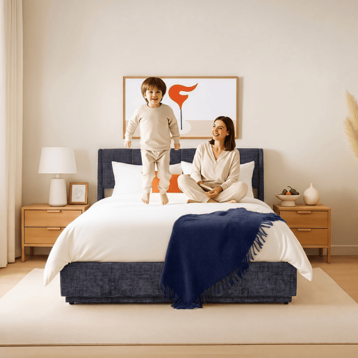 Cama estofada Tröstiar LED com base de ripas dobrável linho 140x200cm - Azul en.casa Cama estofada Tröstiar LED com base de ripas dobrável linho 140x200cm - Azul en.casa