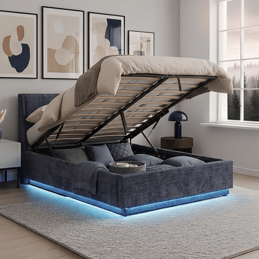 Cama estofada Tröstiar LED com base de ripas dobrável linho 140x200cm - Azul en.casa Cama estofada Tröstiar LED com base de ripas dobrável linho 140x200cm - Azul en.casa