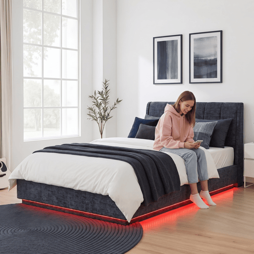 Cama estofada Tröstiar LED com base de ripas dobrável linho 140x200cm - Azul en.casa Cama estofada Tröstiar LED com base de ripas dobrável linho 140x200cm - Azul en.casa