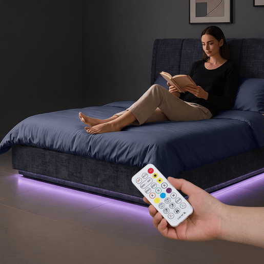 Cama estofada Tröstiar LED com base de ripas dobrável linho 140x200cm - Azul en.casa Cama estofada Tröstiar LED com base de ripas dobrável linho 140x200cm - Azul en.casa